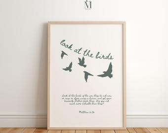 Look at the Birds Printable, Matthew 6:26 Bible Verse Wall Art, Minimalist Scripture Decor, Digital Download, Christian Artwork
