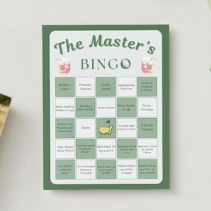 Tarjeta de bingo de golf imprimible y personalizable con temática del Masters. Juego de bingo de golf para fiesta temática del Masters. Evento de golf del Augusta National Game.