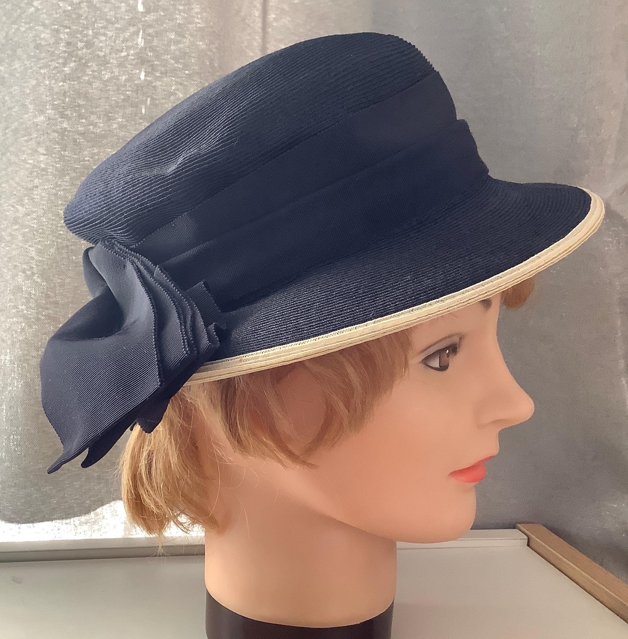 1940s Navy Straw Hat, Ivory Trim, Grosgrain Ribbon - Etsy display picture 3