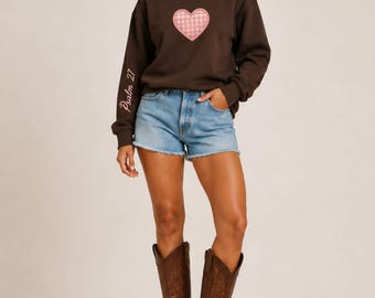 Personalized Scripture Sweatshirt, Pink Gingham Heart, Custom Bible Verse Crewneck (Christian Gift)