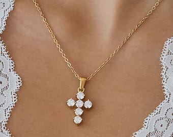 Dainty Crystal Cross Necklace, Gold Cross Pendant, Vintage Inspired Christian Necklace, Faith Jewelry, Gift for Her