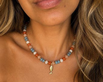 Beaded Gemstone Necklace with Gold Fish Charm, Blue & Orange Beaded Choker, Boho Beach Jewelry, Handmade Layering Necklace Gift