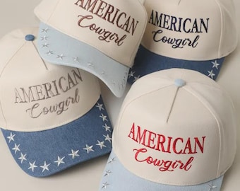American Cowgirl Embroidered Trucker Hat, Star Brim Western Cap, Rodeo Baseball Hat, Patriotic Cowgirl, 4th of July Hat, Gift for Her