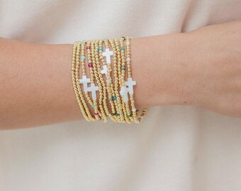 Gold Beaded Cross Bracelet Set, Stackable Stretch Bracelets, Boho Faith Jewelry, Christian Gift for Her, Dainty Seed Bead Bracelet Stack