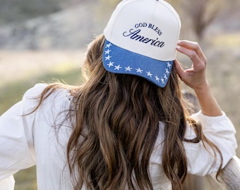 God Bless America Embroidered Denim Brim Trucker Hat, Star Patriotic Cap, Western Flair, 4th of July, Country Concert, Gift for Her