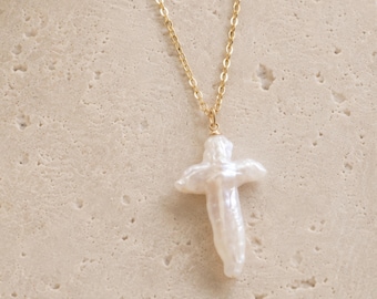 Fresh Water Pearl Cross Necklace, Waterproof Gold Cross Necklace, Stainless Steel Christian Jewelry, Faith Organic Cross, Gift for Her