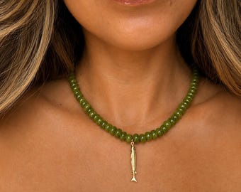 Olive Green Beaded Fish Charm Necklace, Gold Fish Pendant, Adjustable 16" Necklace, Coastal Beach Jewelry, Handmade Gift for Her
