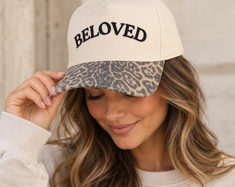 Beloved Embroidered Baseball Cap: Leopard Print Brim, Faith Statement Snapback