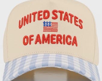 USA Gingham Hat, Embroidered Americana Baseball Cap, Patriotic Trucker, 4th of July Cap, Country Concert Hat, Vintage American Flag