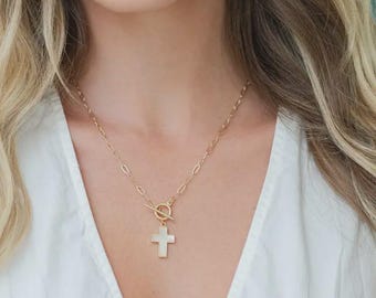 Shell Cross Toggle Necklace 18K Gold Plating Elevated Cross Jewelry Gift for Her
