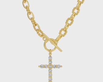Radiant Cross Necklace, Gold Crystal Cross Toggle Necklace, Christian Faith Jewelry, Gift for Her