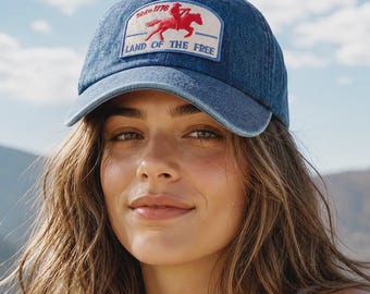 Land of the Free Embroidered Patch Denim Baseball Cap, USA Hat, 1977 Vintage Patriotic Hat, 4th of July, Country Concert Cap
