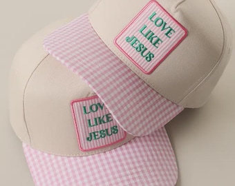 Love Like Jesus Patch Hat, Pink Gingham Print Brim Cap, Faith Accessories, Christian Trucker Hat, Inspirational Gift, Church Outfit