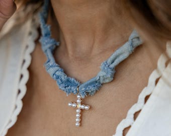 Denim Cross Necklace with Pearl Cross, Adjustable Western Jean Necklace Scarf Jewelry Country Style Gift for Country Lover