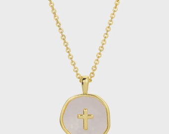 Cross Necklace with Shell Inset Faith Christian Jewelry Gold Cross Round Pendant Minimalist Jewelry for Everyday and Gifting