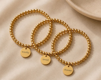 Personalized 18k Gold Beaded Bracelet, Faith Affirmation Charm (Worthy/Loved/Chosen)
