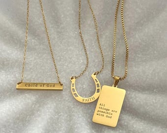 Personalized Engraved Jewelry Tag Bar & Horseshoe Necklace Engrave Scripture Names or Dates Gift for Her under 30 Non Tarnish Waterproof