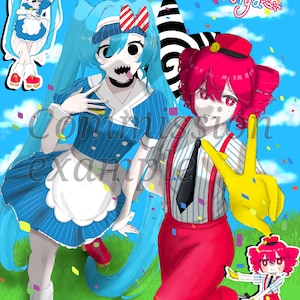 May include: A digital illustration featuring two anime-style characters against a blue sky and green grass background. One character has long blue hair and a blue dress with a white apron. The other has short red hair, a striped shirt, and red pants.