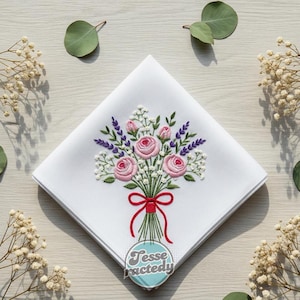 Kundenspezifisches Hochzeits-Blumenstrauß-Hand gestickte Taschentücher-personalisierte Leinenblumen gestickte Hochzeitsgeschenke-Taschentuch für Brautjungfer