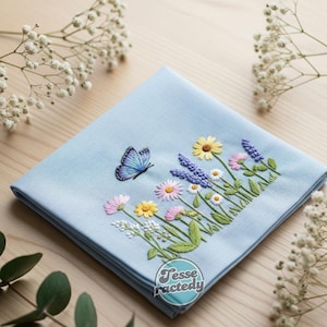 2 Style Custom Butterfly and Flower Hand Embroidered Handkerchiefs Personalized Linen Floral Embroidered Wedding Gifts Hankie For Bridesmaid