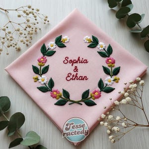 2 Style Custom Wedding Wreath and Name Hand Embroidered Handkerchiefs Personalized Floral Embroidered Wedding Gifts Hankie For Bridesmaid