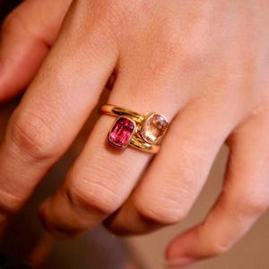 unique trendy double tourmaline ring in solid 18k rose gold/Two tone double tourmaline ring/custom handmade sister ring/graduation gift ring