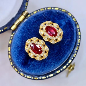 Natural earth mined Mozambique ruby studs earrings/halo Art Deco oval ruby earrings in 18k solid yellow gold/Unique genuine ruby studs women
