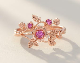 Natural Padparadscha Sapphire Flower Twig Ring in 18k solid rose gold/Genuine gem handmade Art deco Real fine Jewelry gift engagement ring
