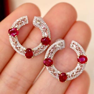 Natural earth mined Mozambique ruby studs earrings/Double halo Art Deco oval ruby earrings in 18k solid white gold/Unique genuine ruby studs