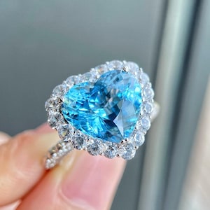 Unique heart cut natural Santa Maria aquamarine ring in 18k white gold/Diamond halo engagement ring woman/handmade custom fine jewelry gift