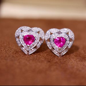 Unique heart ruby earrings/Natural pinkish red natural ruby studs in 18k solid white gold/diamond halo ruby earrings women jewelry for her