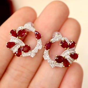Natural earth mined Mozambique ruby studs earrings/Double halo Art Deco oval ruby earrings in 18k solid white gold/Unique genuine ruby studs
