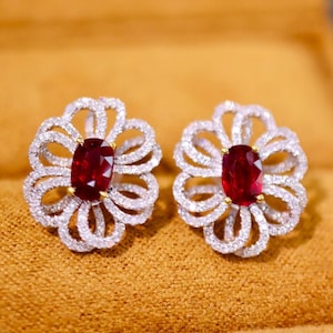 Natural earth mined Mozambique ruby studs earrings/Floral halo Art Deco oval ruby earrings in 18k solid white gold/Unique genuine ruby studs