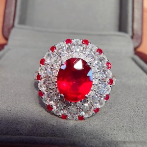 18k Solid Gold Pigeon Blood Ruby Ring with Double Diamond Halo, Natural Oval Ruby Engagement Ring, High End Fine Jewelry, July Birthstone
