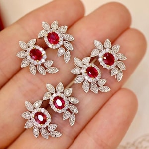 Natural earth mined Mozambique ruby studs earrings/Floral halo Art Deco oval ruby earrings in 18k solid white gold/Unique genuine ruby studs