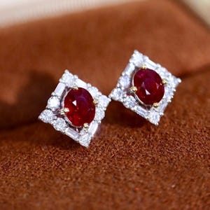 Natural earth mined Mozambique ruby earrings/Diamond Art Deco genuine ruby studs in 18k solid white gold/Unique genuine ruby jewelry gift
