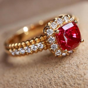 Unique diamond halo natural Ruby ring in 18k solid rose gold/Genuine Mozambique ruby engagement ring/handmade custom women art deco ring