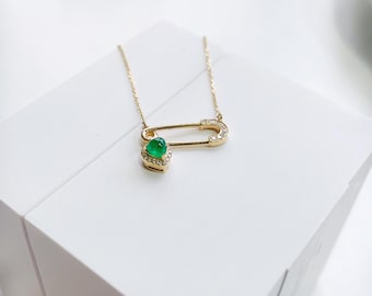 Natural Heart Emerald Pin Pendant 18k gold/Genuine Zambia emerald Necklace/handmade fine jewelry women Birthstone Unique gift for her