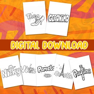 May include: A set of eight printable colouring pages featuring various names, including Thea, Geronimo, Nicky, Vice, Pamela, Cosette, and Paulina. Each name is stylised with unique illustrations.