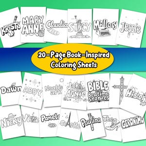 May include: Twenty black and white colouring pages featuring names like Abby, Dawn, Stacy, and Jessie. The pages are designed to look like book covers.