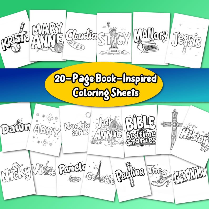 May include: Twenty black and white colouring pages featuring names like Abby, Dawn, Stacy, and Jessie. The pages are designed to look like book covers.