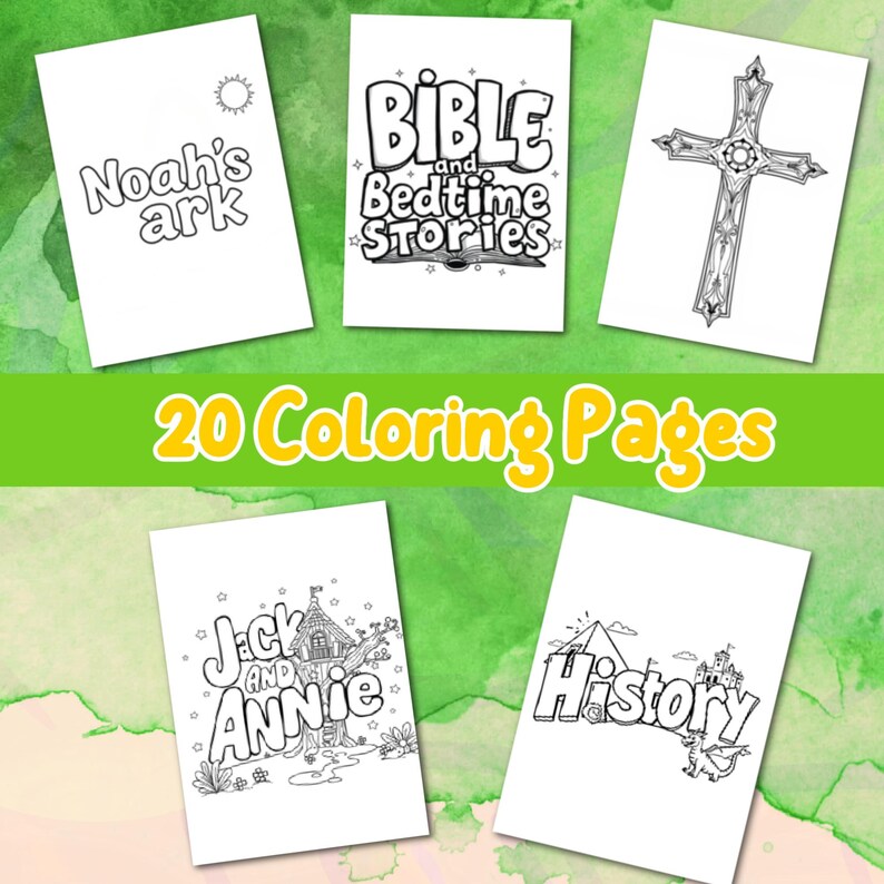 May include: A set of 20 colouring pages featuring various themes, including Noah's Ark, Bible and Bedtime Stories, a cross, Jack and Annie, and History. The pages are black and white and ready to be coloured.