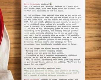 Ridiculously Long Funny Christmas Card – Sarcastic Sibling Holiday Greeting, Printable Digital Download