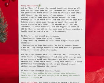 Tarjeta navideña divertida y ridículamente larga: saludo sarcástico para sobrevivir las fiestas, descarga digital imprimible