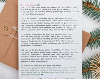 Tarjeta navideña divertida y ridículamente larga: saludo sarcástico para sobrevivir las fiestas, descarga digital imprimible
