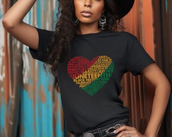 Juneteenth Heart Word Cloud Shirt 1865 Black History T-Shirt Freedom Equality Justice Pride Pan African Colors Unisex Gift