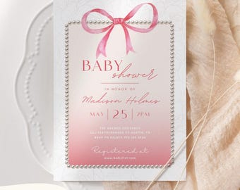 Pink Bow Baby Shower Invitation Template Printable, Baby Girl, Pink Coquette Baby Shower Invite, Baby Shower Invitation Girl Coquette Bow