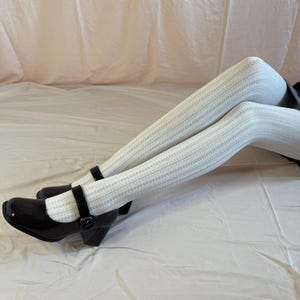 White Knitted Tights with a Heart Pattern- Stretchy and comfortable - Kawaii style Tights -Soft- Y2K outfit-Kuji Studio