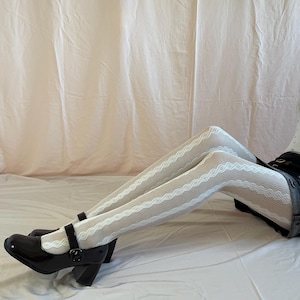 White Lacy Fishnet Tights with Delicately Twisted Stripes- Super Soft and Comfortable and Stretchy - Kawaii style Tights - Y2K - Kuji Studio