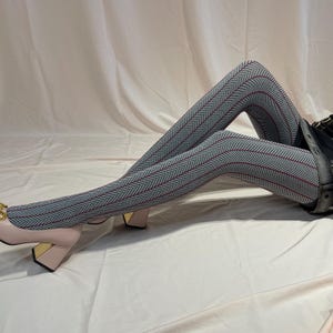 Thick Cream and Navy Tights with Thin Burgundy Lines- Stretchy and Soft -Kawaii style Tights - Y2K outfit- Kuji Studio
